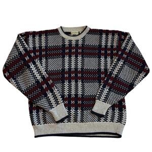 Vtg St Johns Bay Dad Sweater Men Sz Large Tall Blue Plaid Crew Neck Pullover 90s